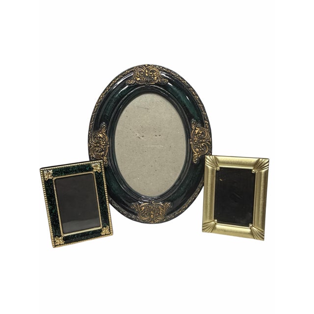 3 vintage Green and Brass Frames Main oval is a Medium weigh Plaster Painted frame measures 8.5x6.5 holds a 5x7 oval...
