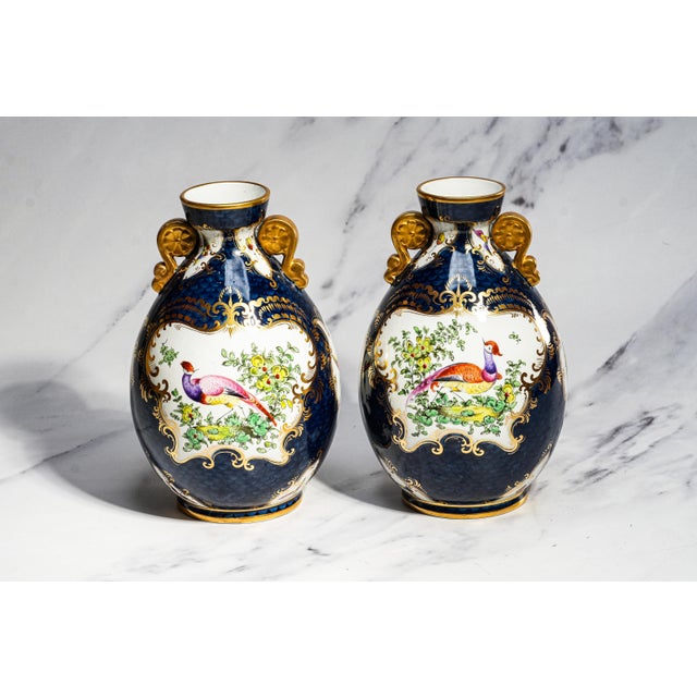 Stunning Pair Blue Gold English Royal Worcester Porcelain Antique Victorian Bird Nature Decorative Vases Home Decor For Sale - Image 9 of 18