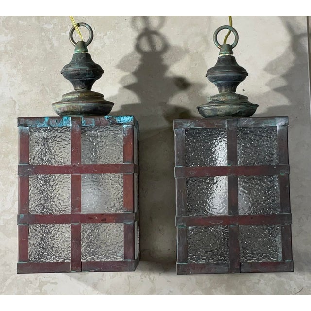 Small Pair of Vintage Square Copper and Brass Ceiling Lanterns 13”.5 X 6” For Sale - Image 10 of 12