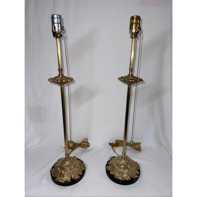 French Antique Brass Acanthus Leaf Buffet Table Lamps Brass Pull Chains Black Marble Bases - a Pair For Sale - Image 3 of 12