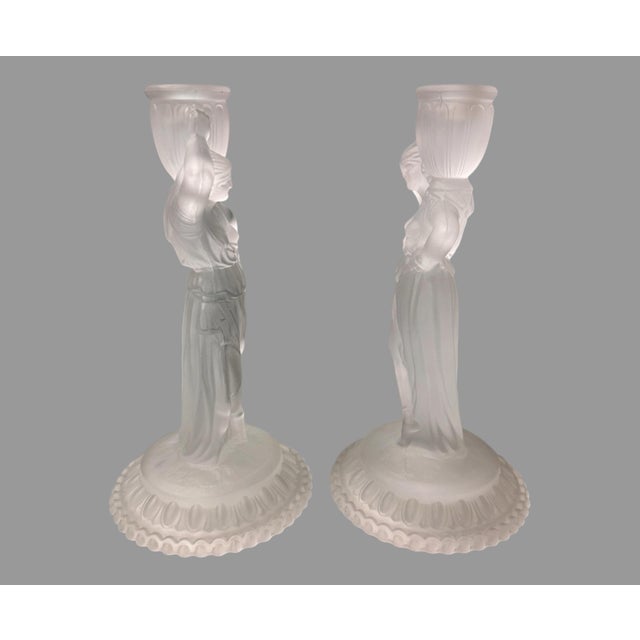 Pair Vintage Fostoria Satin Glass Figural Rebecca at the Well 9.5" Candlesticks In very good original condition showing...