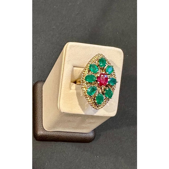 2 Ct Natural Emerald, 1 Oval Ruby Cocktail Marquise Shape Ring 14 Kt Yellow Gold For Sale - Image 18 of 18