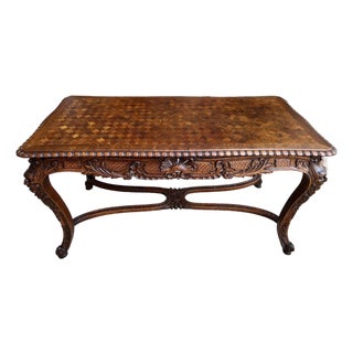 Antique French Center Library Table Louis XV Carved Oak Rococo Parquetry C1890 For Sale