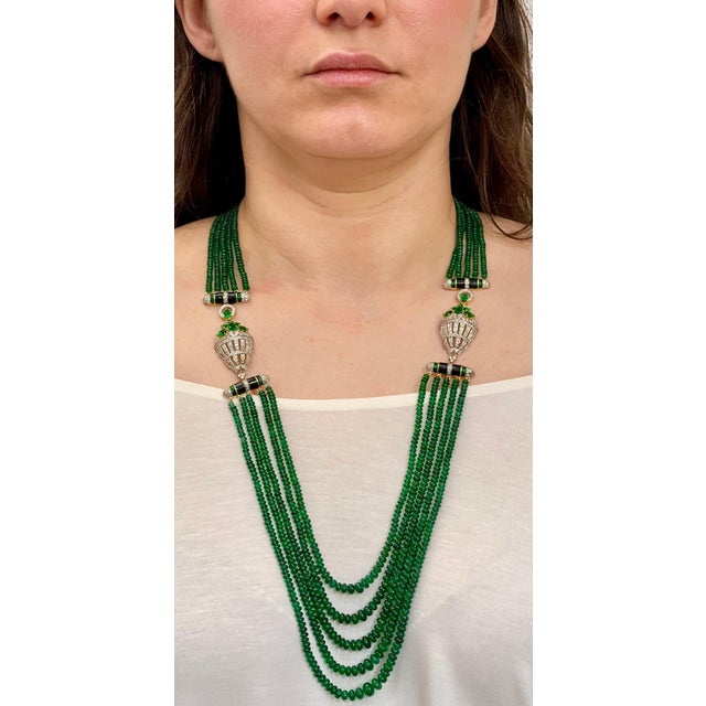 335 Carat 5-Strand Emerald Necklace with 6.5 Carat Diamond & Enamel in 14k Gold For Sale - Image 13 of 18