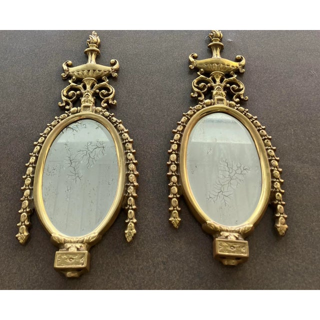 Rococo Antique Vintage Pair of Figural Floral Oval Ornate Wall Crackled Mirrors Rococo Style. For Sale - Image 3 of 8