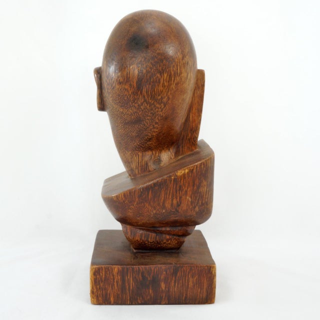 Modern Vintage Teak Statue Bookend Hand Carved Large Head Figure Modern Art Wooden For Sale - Image 3 of 6