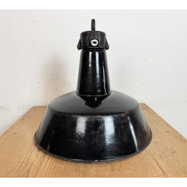 Industrial Black Enamel Factory Lamp with Cast Iron Top, 1950s For Sale - Image 18 of 18
