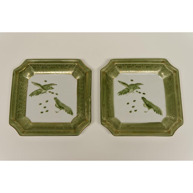 Asian Style Square Porcelain Plates Pheasant Motif a Pair For Sale - Image 4 of 6