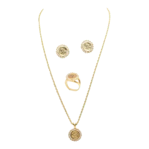 Costume Panda Bear Faux Gold Coin and Crystal Pendant Necklace Earrings and Ring - 3 Pieces