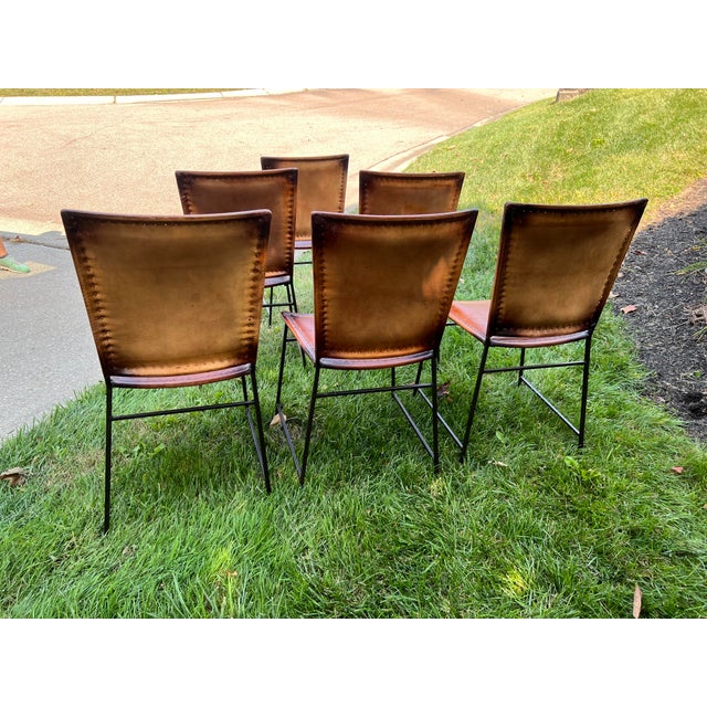 2000s Arhaus Leather Colfax Wrought Iron Dining Side Chairs Counter