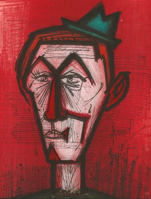 Original 1967 Lithograph "Le Clown Au Fond Rouge" (Clown on a Red Background) by Bernard Buffet