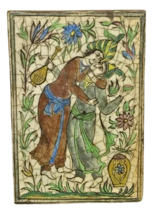 Antique Persian Iznik Qajar Style Ceramic Pottery Tile Green Couple Embrace C1
