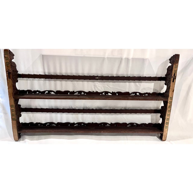 Antique Late 1800s Belgian Carved Oak Plate Rack – Griffin 55" Wall Shelf For Sale - Image 17 of 18
