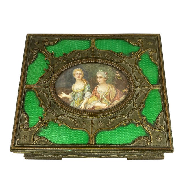 Metal French Bronze & Enamel Jewel Box With Miniature Portrait Painting For Sale - Image 7 of 7