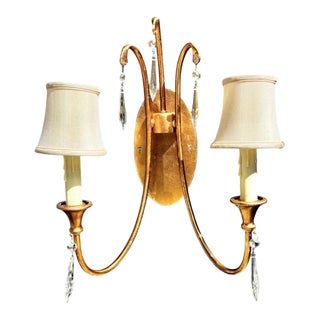 1990s Mid-Century Modern Gold Leaf 2-Light Crystal Wall Sconce For Sale