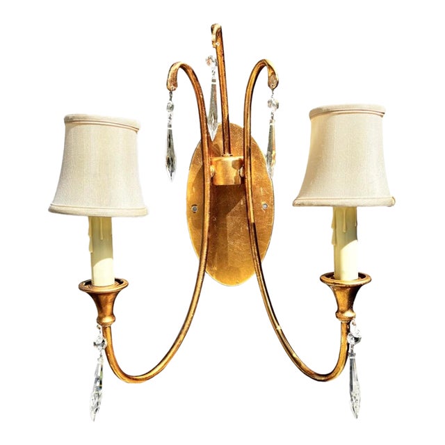 1990s Mid-Century Modern Gold Leaf 2-Light Crystal Wall Sconce For Sale