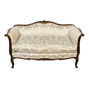 Small Louis XV Mahogany Carved Settee / Sofa, Floral Silk Upholstery