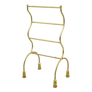 Vintage Italian Hollywood Regency Gold Gilt Metal Iron Towel Rack W/ Tassel Feet For Sale