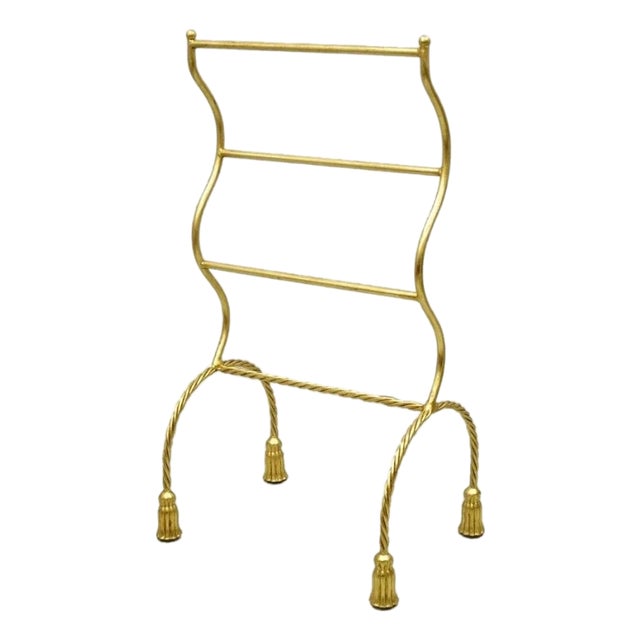 Vintage Italian Hollywood Regency Gold Gilt Metal Iron Towel Rack W/ Tassel Feet For Sale