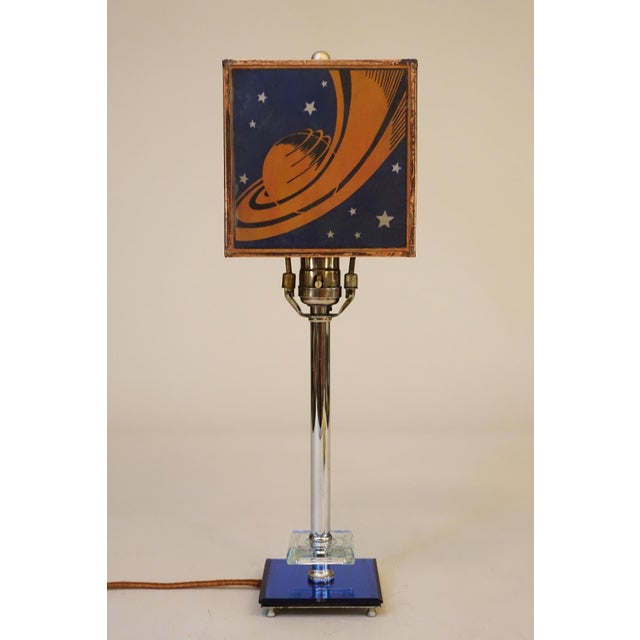 Rarest Chicago 1933 Worlds Fair "Saturn" Logo Streamline Art Deco Chrome Cobalt Glass Table "Hall of Science" Lamp Sublime Condition! For Sale - Image 10 of 16