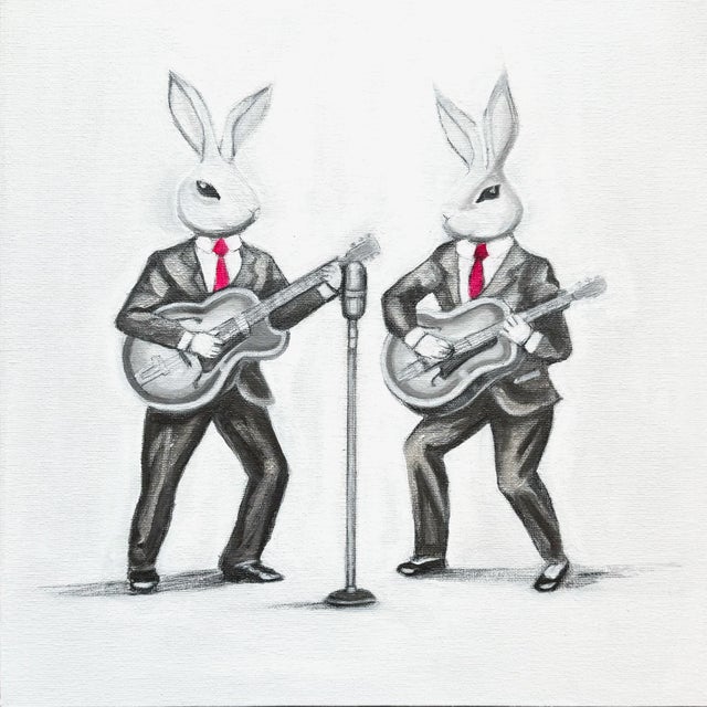 Fine Art Print of Whimsical Bunnies Playing the Guitar by Max and Alma For Sale