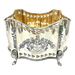 1980s Silver Plated Footed Planter Cachepot with Armorial Pierced Details & Engraved Crest For Sale