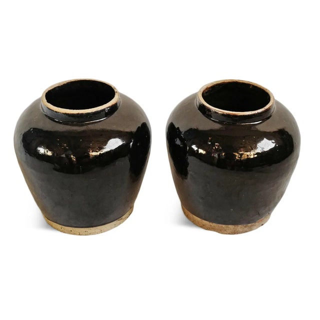 Asian Antique Vintage Mid 20th Century Black Ceramic Jar For Sale - Image 3 of 8