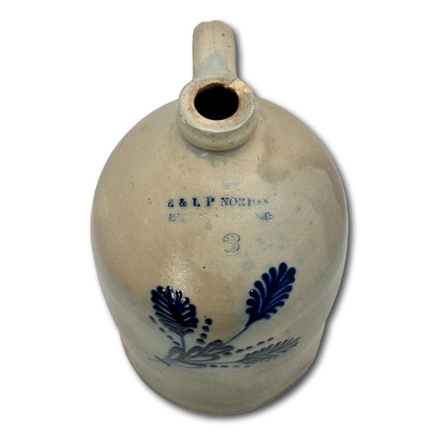 Beautiful Antique American Blue Flower Decorated 3 Gallon Size Stoneware Jug by E & L P Norton in Bennington Vermont For Sale - Image 9 of 18
