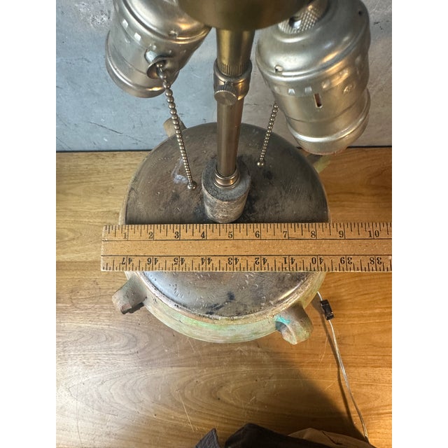 Vintage Rustic Terracotta Olive Jar Table Lamp Green Patina Wood Base For Sale - Image 9 of 11