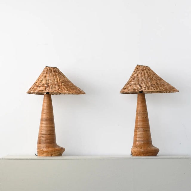 Mid-Century Modern Chloe Rattan Table Lamp, Wicker Shade, Bedroom Lamps, Living Room Lamps, Unique Lighting - a Pair For Sale - Image 3 of 6