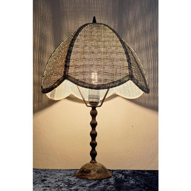 1950s Mid-Century Rustic Wrought Iron Table Lamp with Mint-Beige Fabric Shade, 1950s For Sale - Image 5 of 9