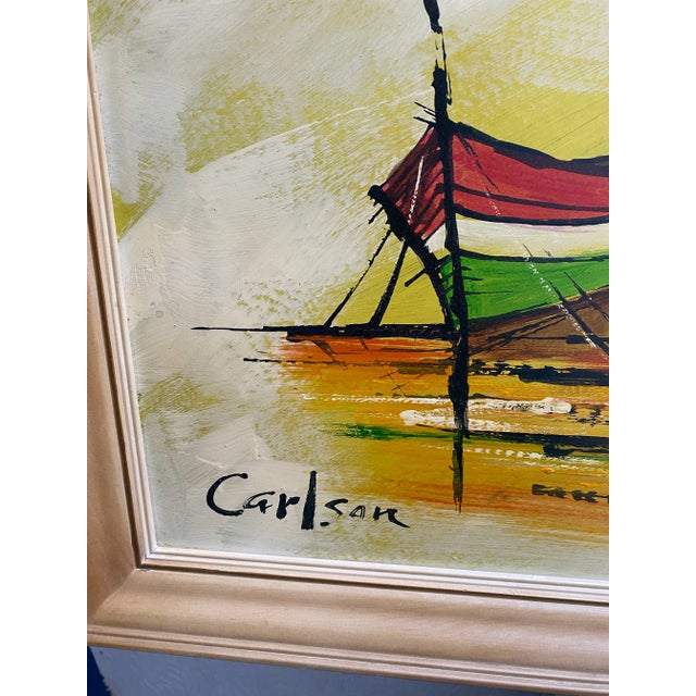 Wood Vintage Mid Century 1960’s Abstract Ships Coastal Carlson Oil Painting on Board For Sale - Image 7 of 9