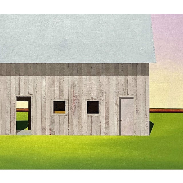This oil on canvas artwork depicts a minimalist barn set against a softly colored sky, emphasizing a serene and tranquil...