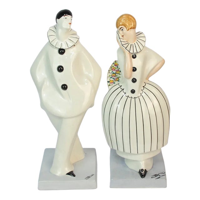 Art Deco Ceramic Sculptures of Pierrot and Colombina by Edouard Cazaux for Dax, 1920s, Set of 2 For Sale