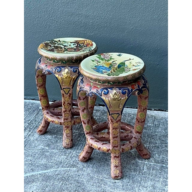 Vintage Asian Glazed Ceramic Low Stools - A Pair For Sale - Image 10 of 12