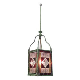 Long Arts and Crafts Stained Glass Hall Lantern, 1910s For Sale