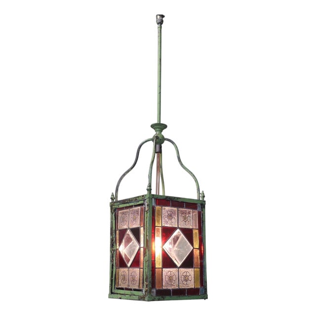 Long Arts and Crafts Stained Glass Hall Lantern, 1910s For Sale
