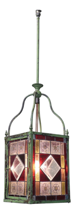 Long Arts and Crafts Stained Glass Hall Lantern, 1910s