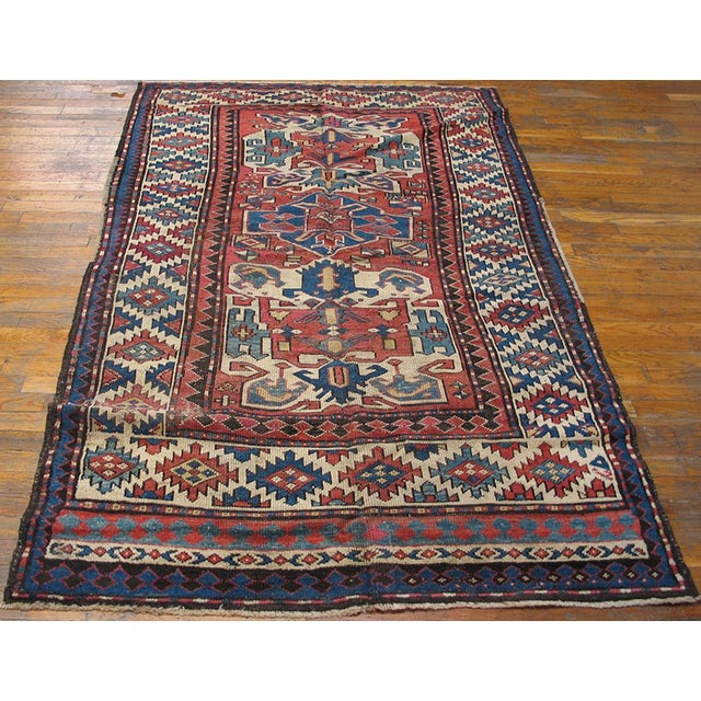 Textile 1880s Red Geometric Tribal Antique Caucasian Kazak Rug 4'7"x 6'6" Knotted Wool Carpet For Sale - Image 7 of 9
