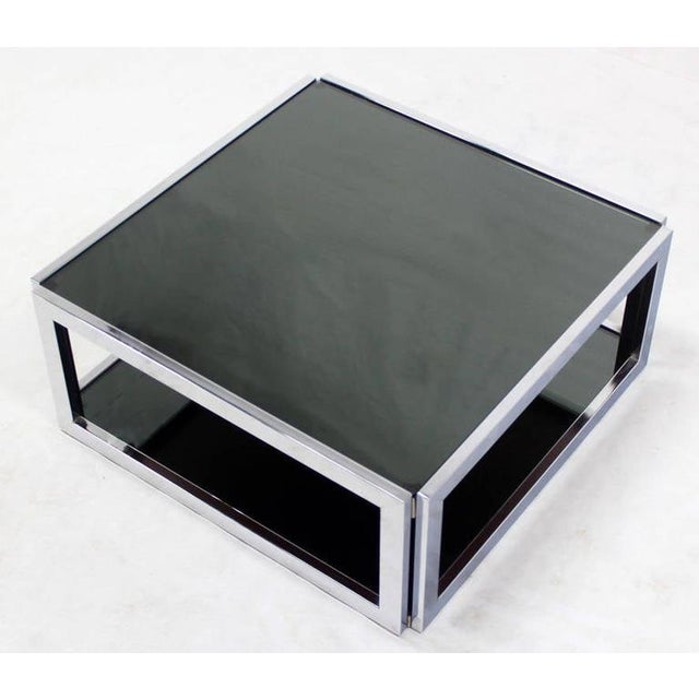 1970s Sharp Square 2 Tier Modern Chrome Base Smoked Glass Coffee Table with Shelf MINT For Sale - Image 5 of 10