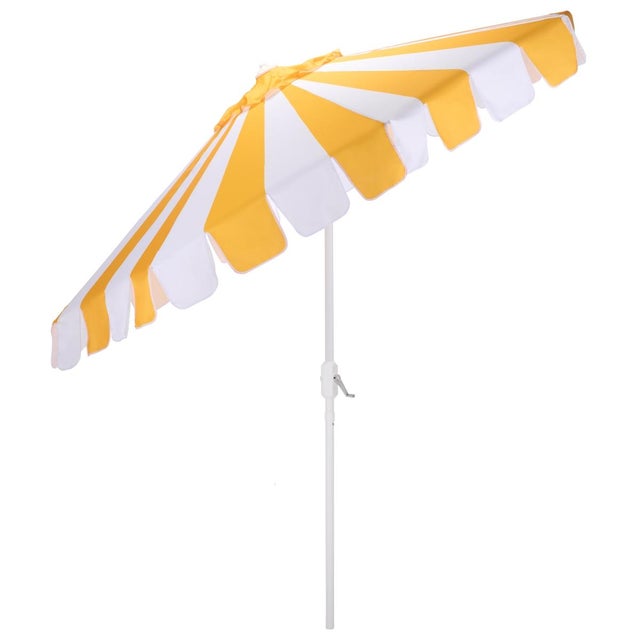 Yellow Meze 9 Ft Crank Umbrella, Yellow Cabana Stripe/White Pole For Sale - Image 8 of 9