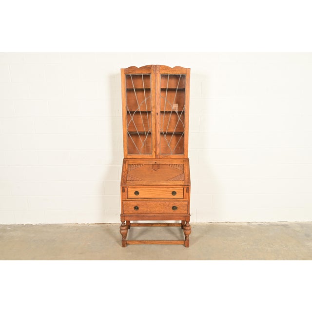 Art Deco Antique English Art Deco Carved Oak Drop Front Secretary Desk With Leaded Glass Bookcase Hutch For Sale - Image 3 of 17