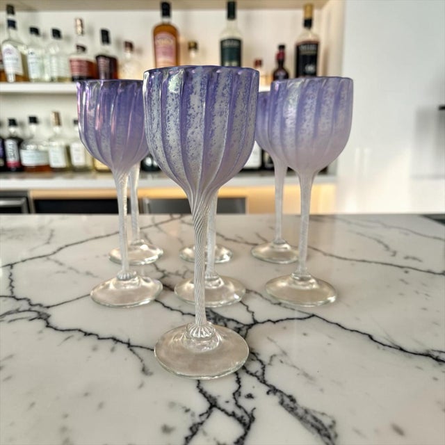 Art Nouveau 1990s Attributed Cam Langley Hand Blown Iridescent Lavender Art Glass Wine Goblets – Set of 7 For Sale - Image 3 of 6