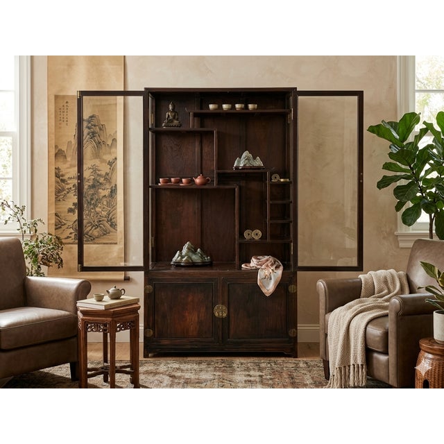 Vintage Dark Brown Oriental Treasure Glass Doors Display Curio Stack Cabinet For Sale - Image 13 of 13