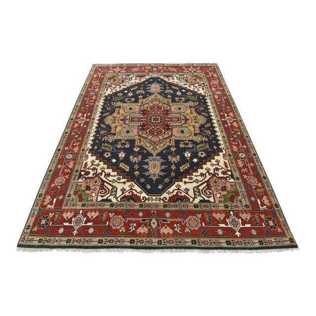 Heriz Rug 8’11” X 11’9” Blue Wool Tribal Hand-Knotted Oriental Carpet For Sale