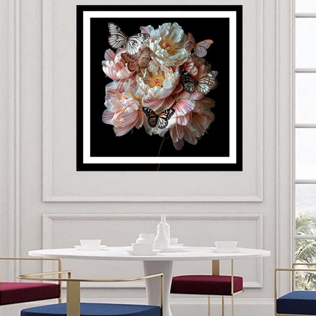 A Digital Photograph of Several Peonies Flowers with Butterflies on them. Printed on 300gsm Fine Art Paper.