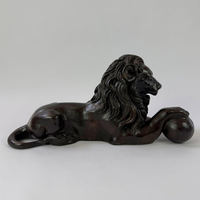 Metal Late 20th Century Pair of Bronze Lion Sculptures With Ball, Classical Guardian Lions - 21 in L For Sale - Image 7 of 10