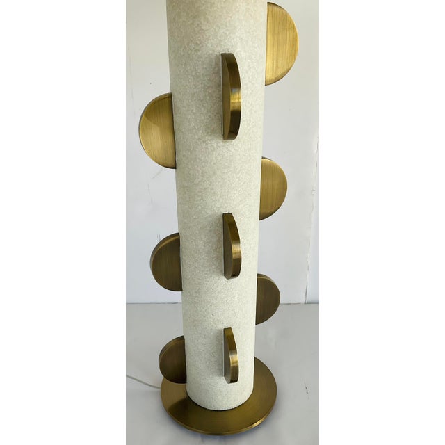 Original retail $825, stylish Revelation Brass and Stone Half Moon Table Lamp, white fabric shade, showroom floor sample