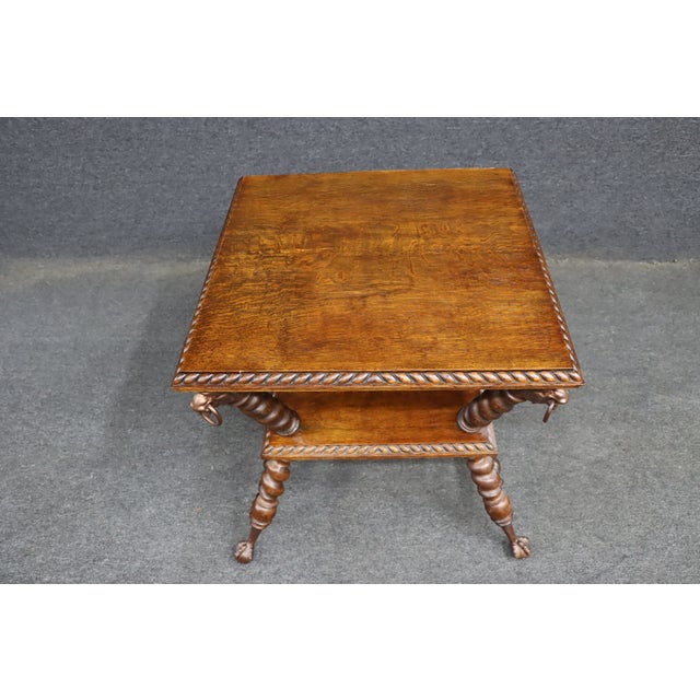 Early 20th Century Merklin Brothers Attributed Barley Twist Quarter Sawn Oak Side Table With Lion Mask Mounts For Sale - Image 5 of 13