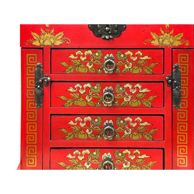 Wood Chinese Oriental Red Dragon Phoenix Mirror Rectangular Jewelry Box For Sale - Image 7 of 13
